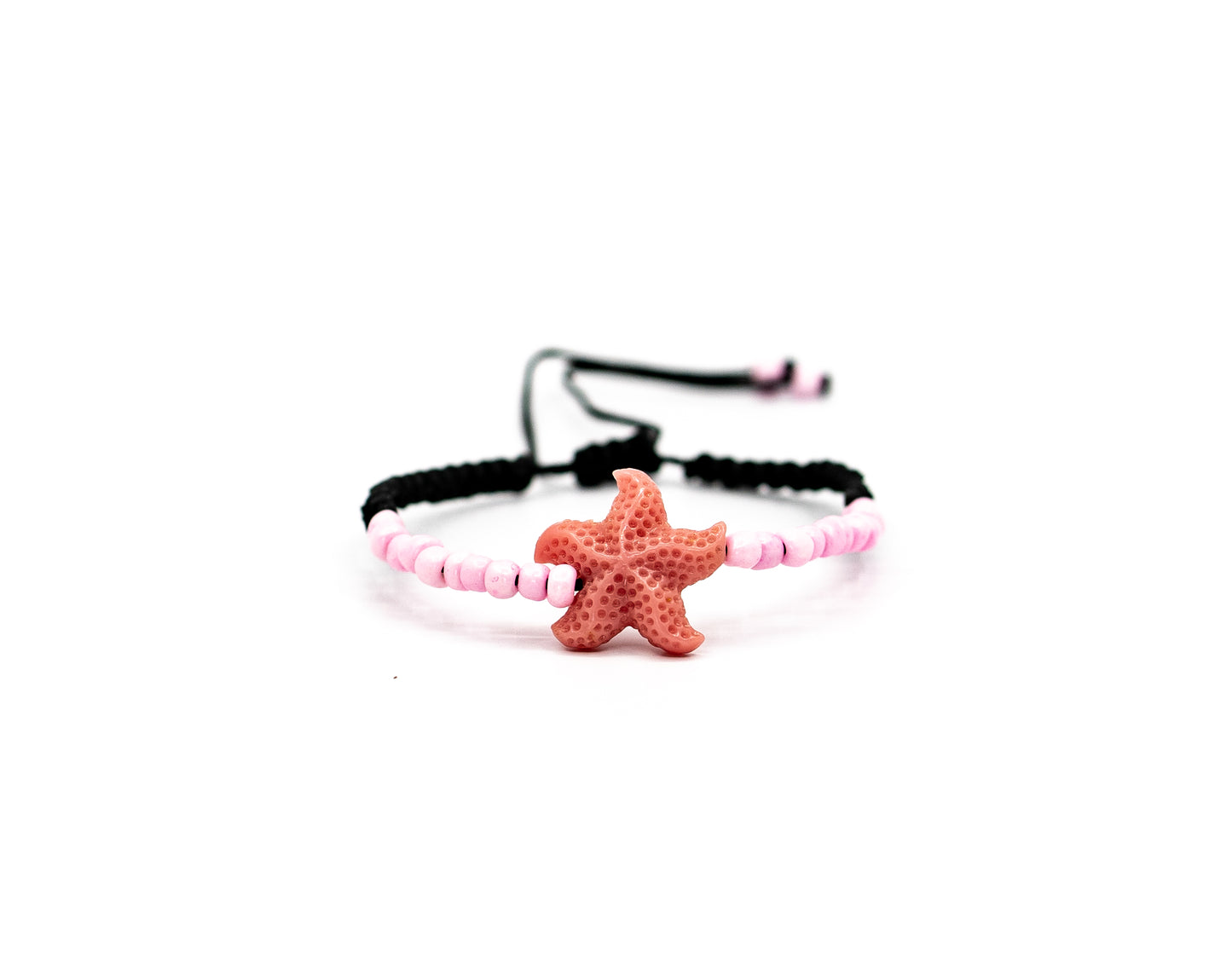 PALM STRINGS - SMALL PINK RESIN STARFISH WITH SMALL PINK BEADS FLAT KNOT BLACK STRING