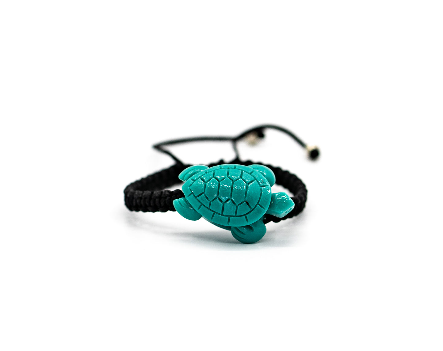 PALM STRINGS - LARGE RESIN TURQUOISE TURTLE ON BLACK STRING WITH SMALL SILVER BEADS