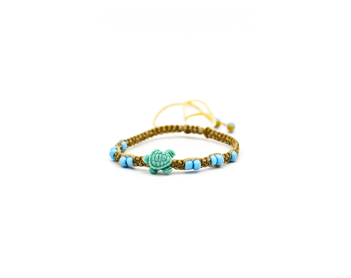PALM STRINGS - SMALL RESIN BLUE TURTLE WITH SMALL LIGHT BLUE BEADS ON SAND STRING