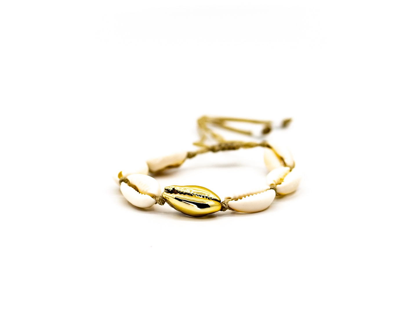 PALM STRINGS - GOLD PLATED AND WHITE COWRIES ON SAND STRING
