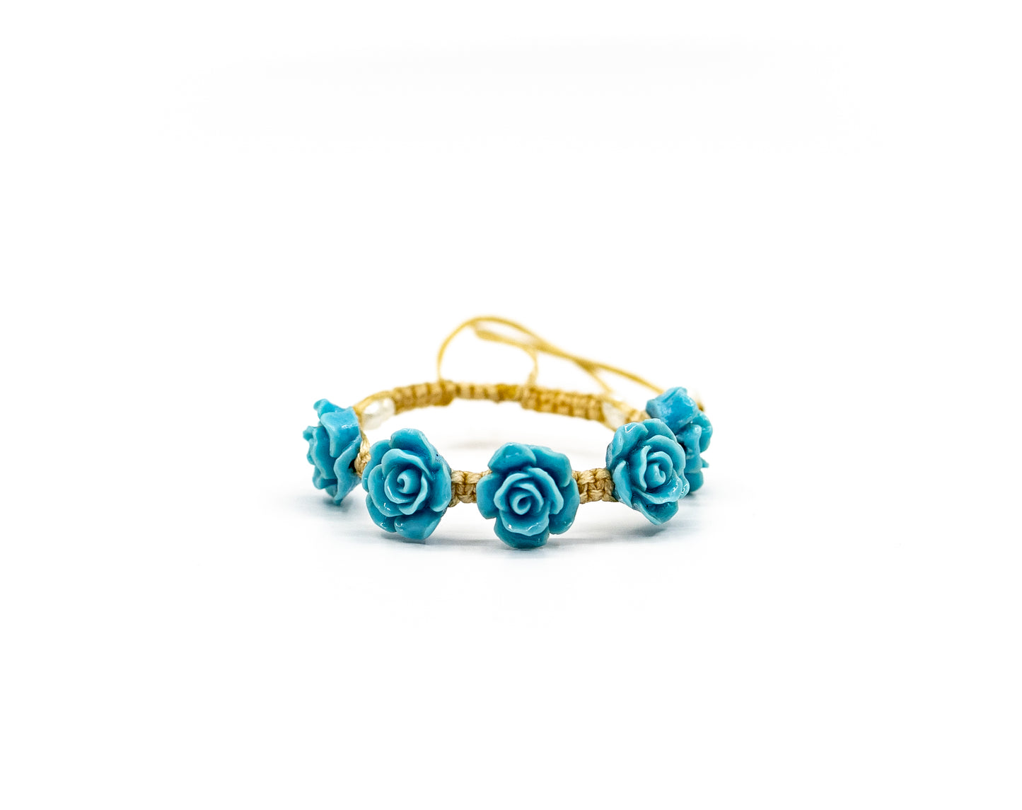 PSB508 - Bright Blue Rose Bracelet with Small Mother of Pearl Beads on Sand String
