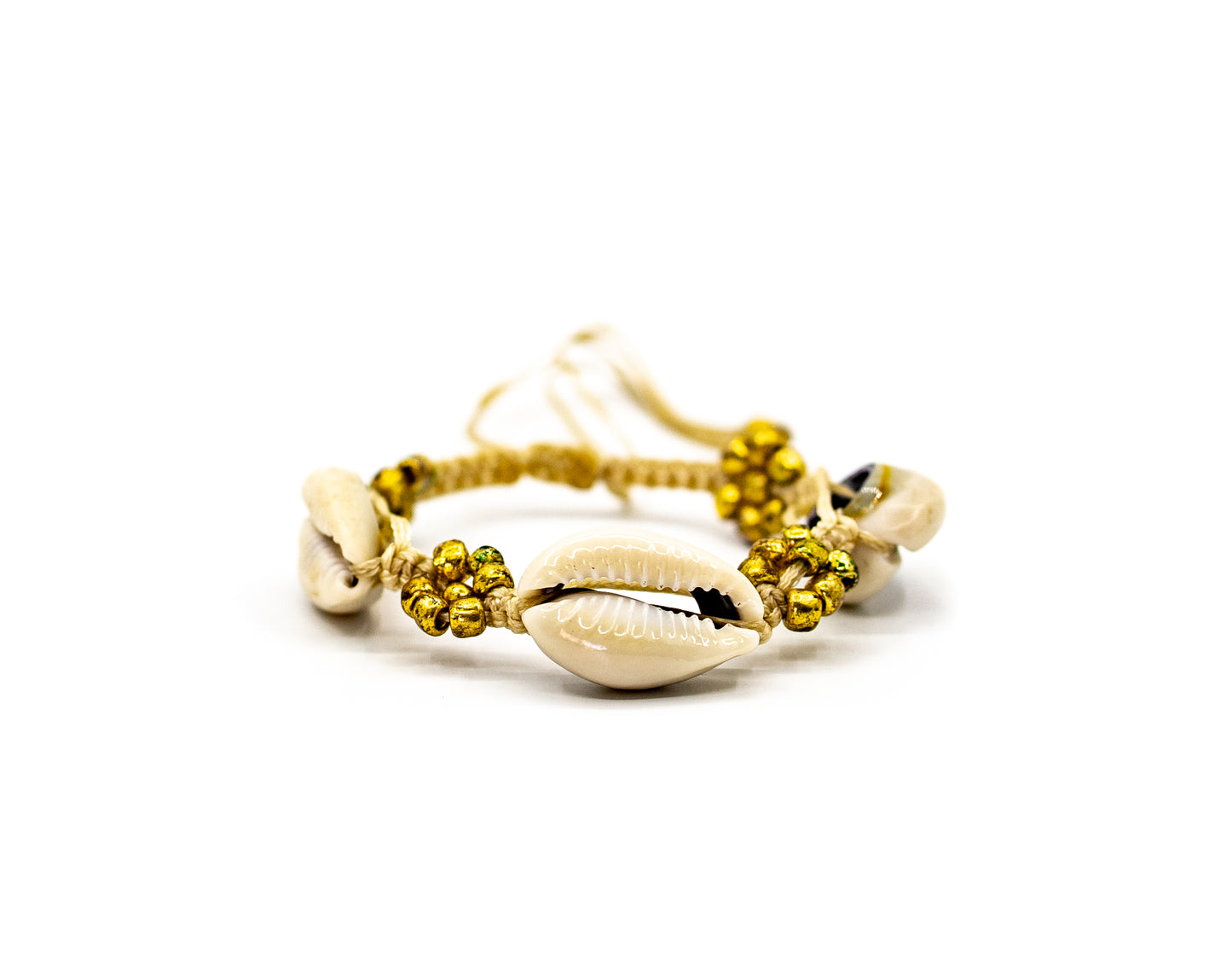 PALM STRINGS - COWRIES AND GOLD PLATED FLOWERS ON SAND STRING