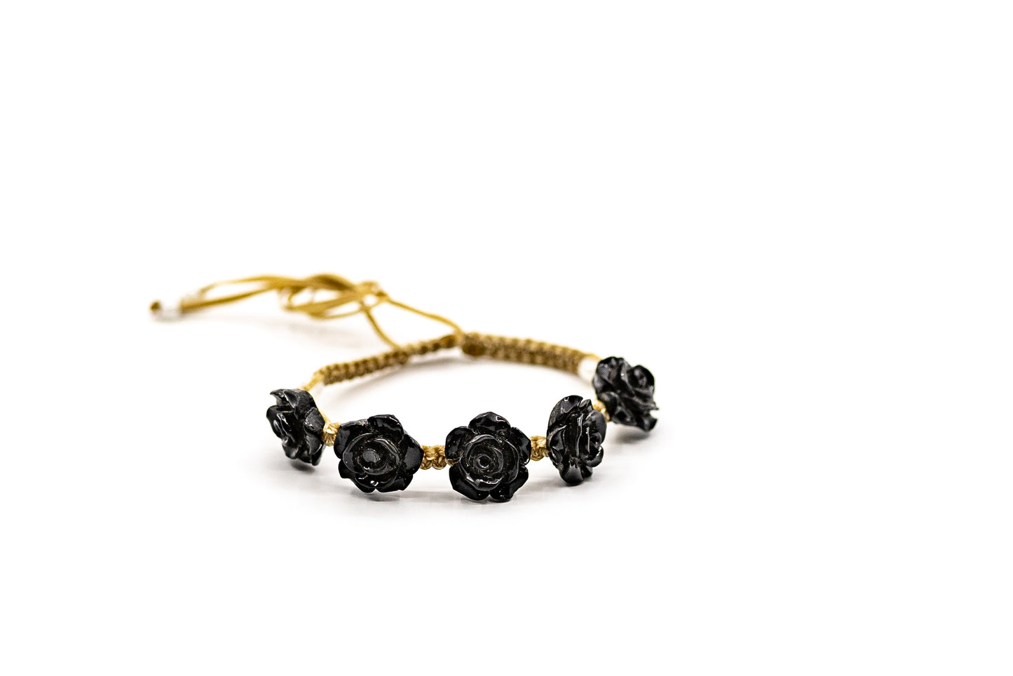 PSB517 - Vintage Black Rose Bracelet with Small Mother of Pearl Beads on Sand String