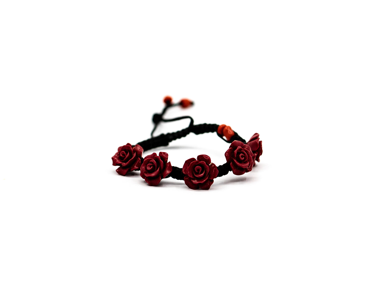 PSB518 - Vintage Deep Red Rose Bracelet with Small Red Beads on Black String