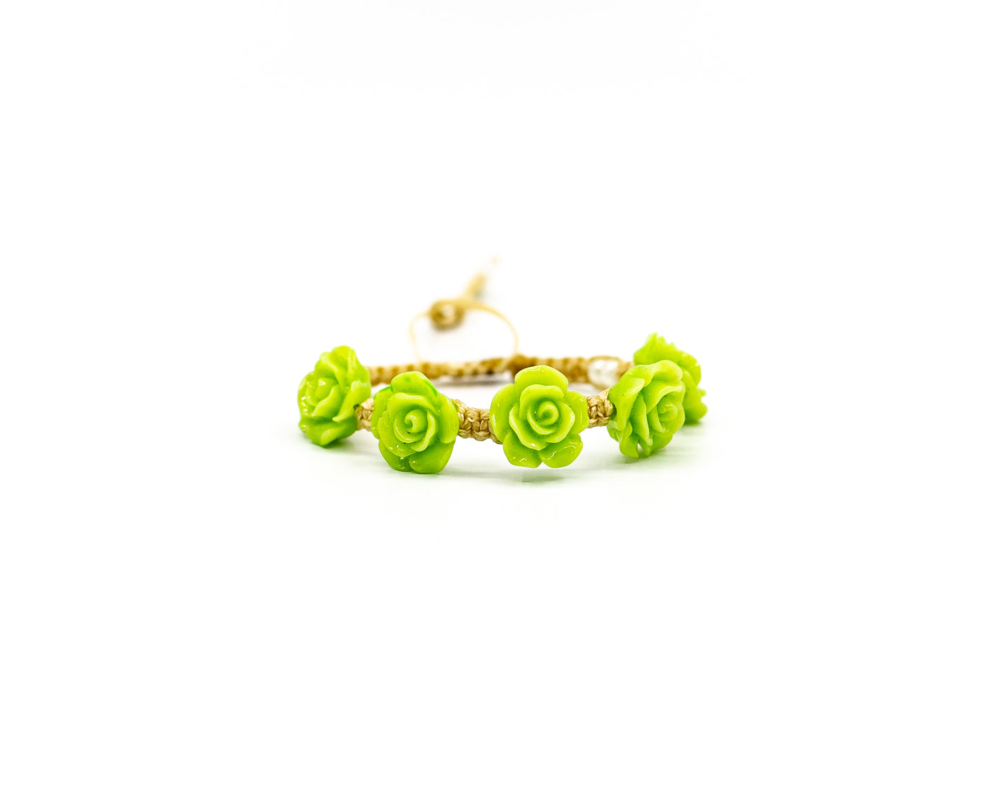 PALM STRINGS - VINTAGE LIME ROSES WITH SMALL MOTHER OF PEARL BEADS ON SAND STRING