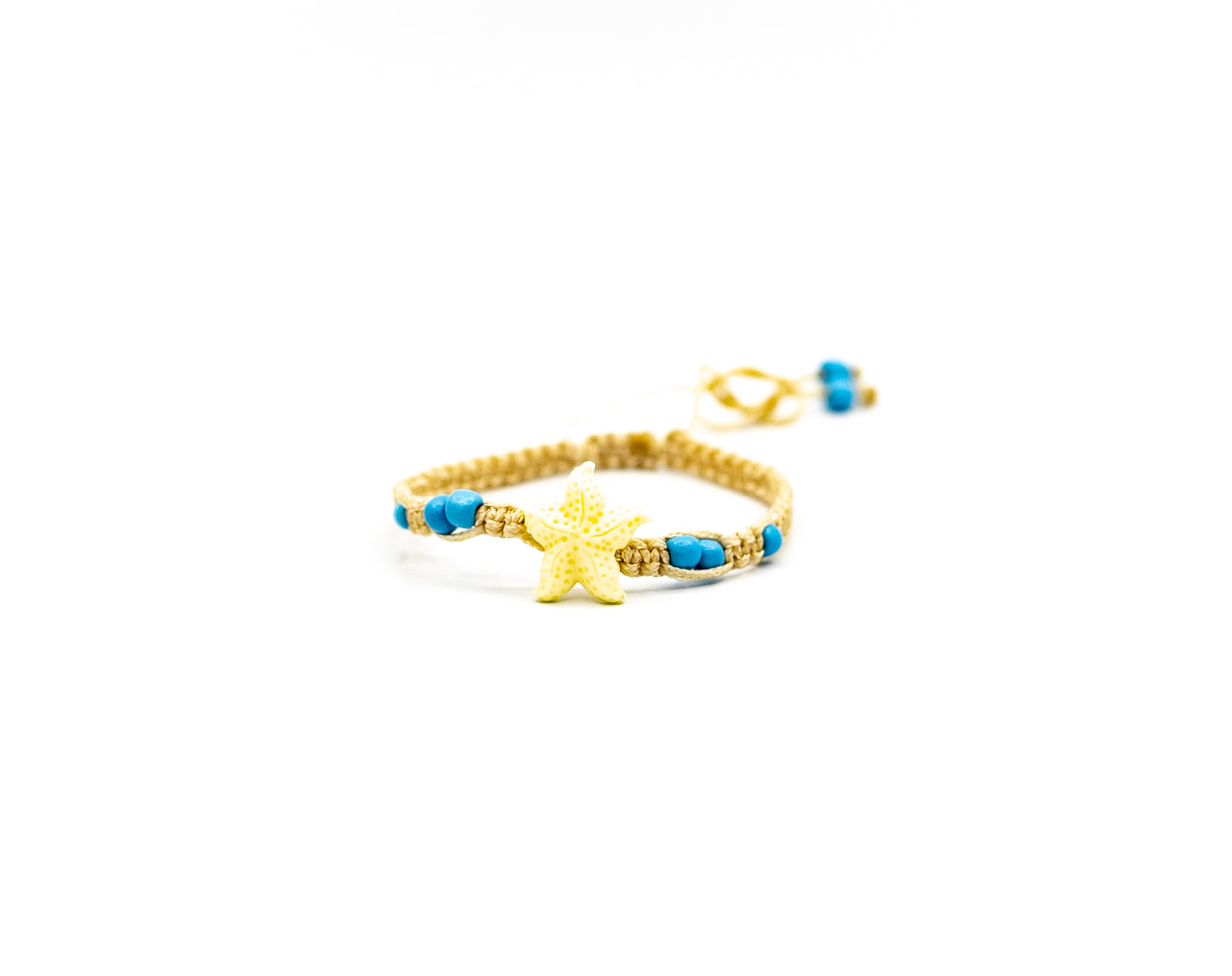 PSB552 - Medium Cream Resin Starfish Bracelet with Small Light Blue Beads on Sand String