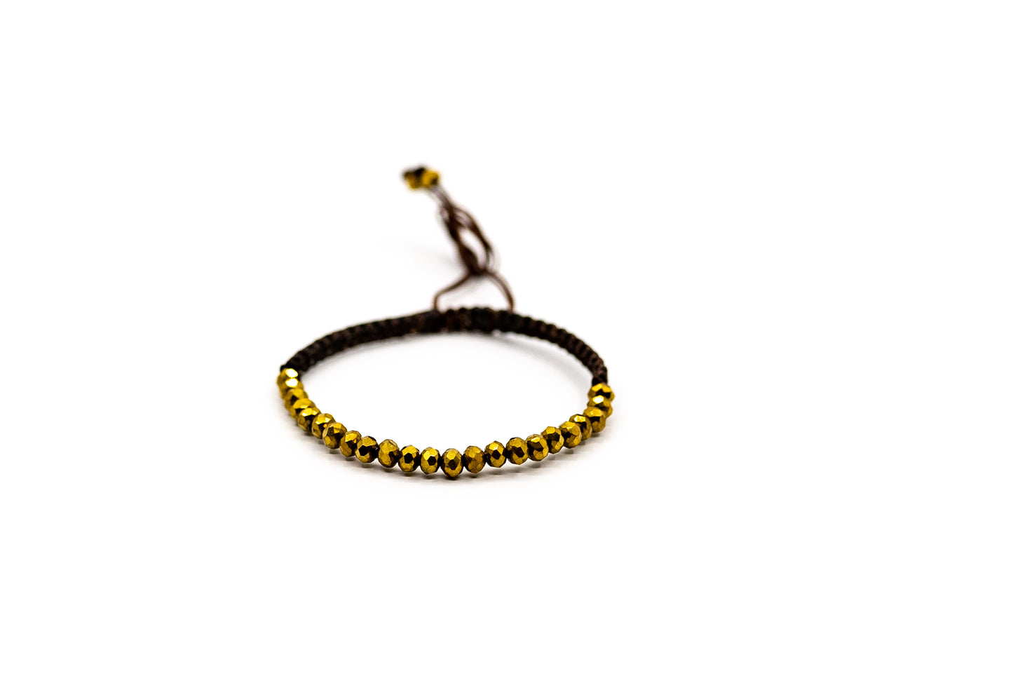 PSB577 - Small Gold Crystal Bead Bracelet on Brown String