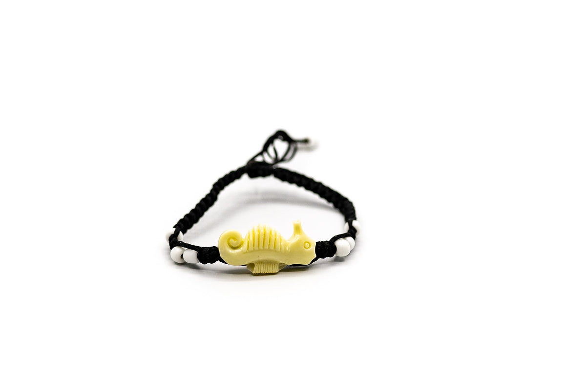 PSB668 - White Seahorse Bracelet with Small White Beads on Black String