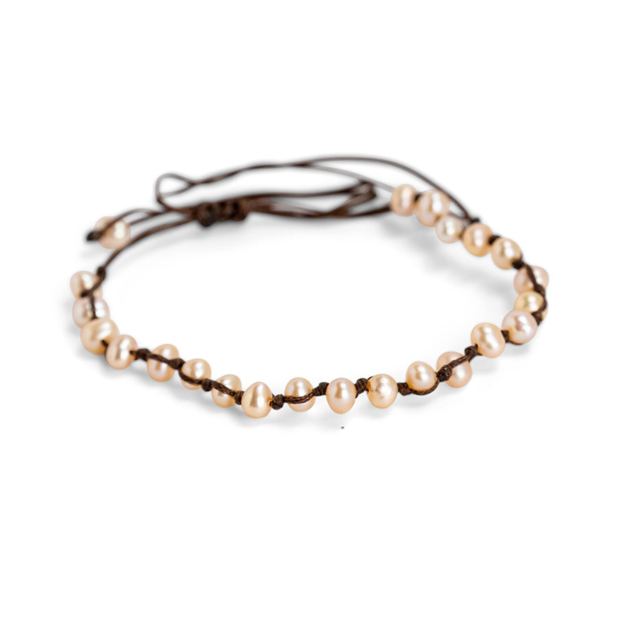 PSB721 - Pink Pearl Pot Bracelet on Brown String