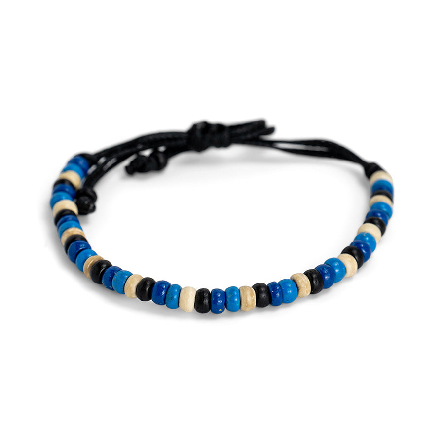 PSB810 - Black, Cream and Blue Coco Bead Bracelet on Black String