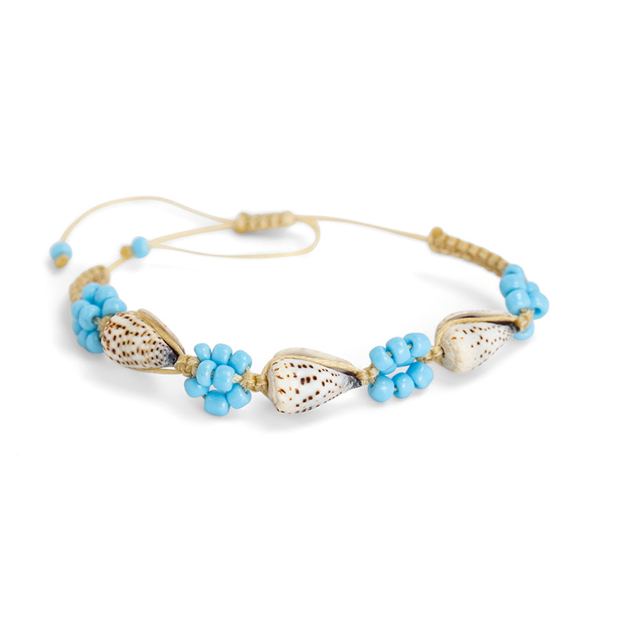PSB814 - Cowrie and Blue Flower Bracelet on Sand String