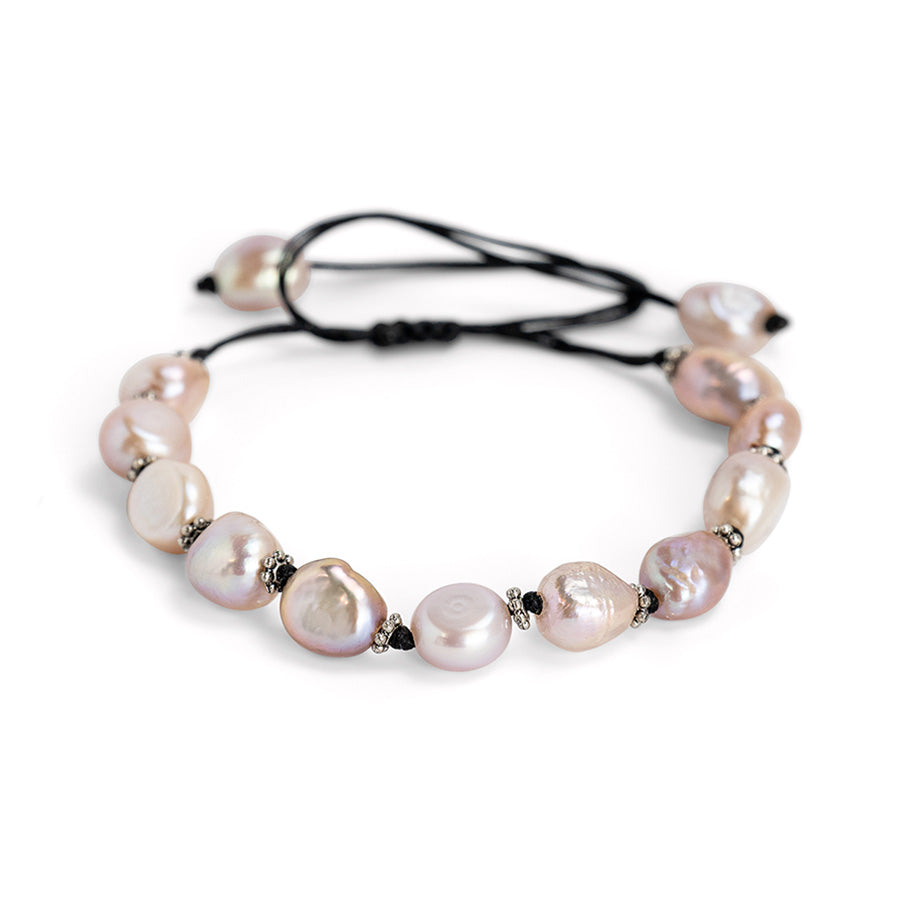 PSB861 - Large Purple Pearl Bracelet with Silver Spacers on Black String