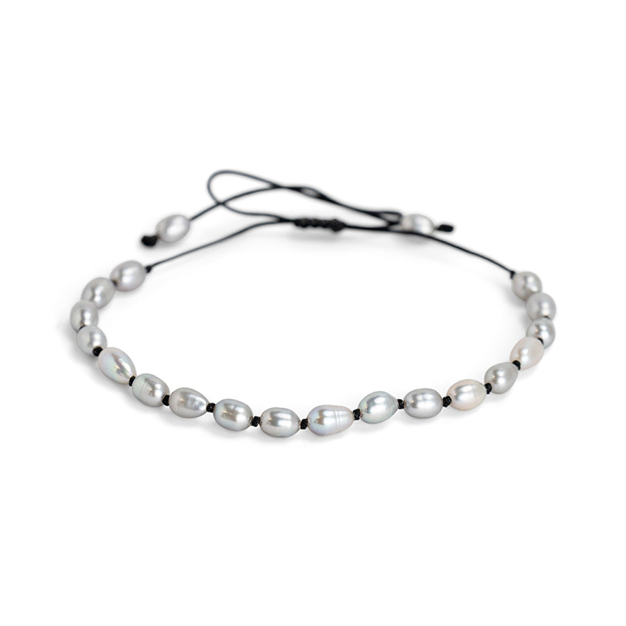 PSB952 - Large Silver Rice Pearl Bracelet on Black Knotted String