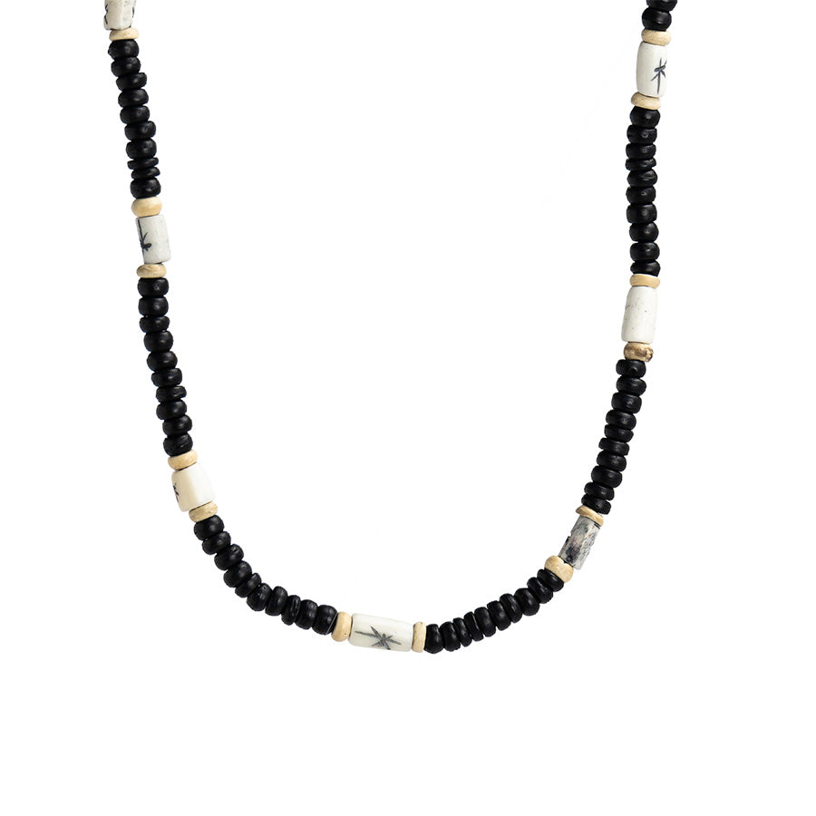 PALM STRINGS - WHITE, BLACK OBLONG BONE WITH CREAM & BLACK COCO BEADS BLACK STRING
