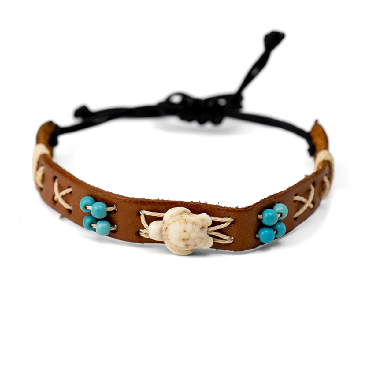 PSB1010 - White Stone Turtle Bracelet with Blue Stone Beads on Thick Light Brown Leather Strap