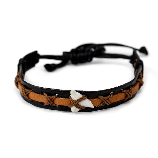 PSB1030 - Single Shark Tooth Bracelet with Light Brown Accent on Thick Black and Light Brown Leather Strap