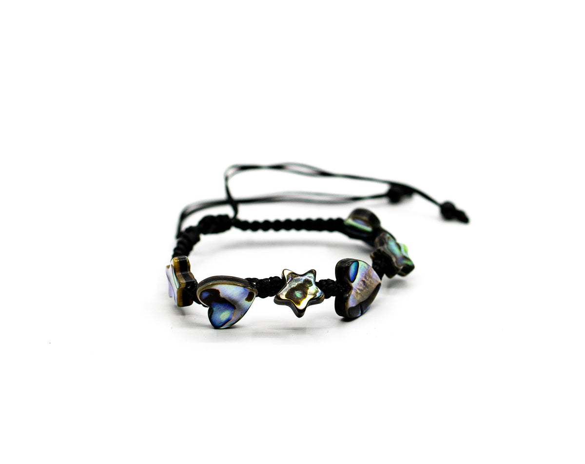 PSB1083 - Pau Shell Heart and Star Bracelet on Black String