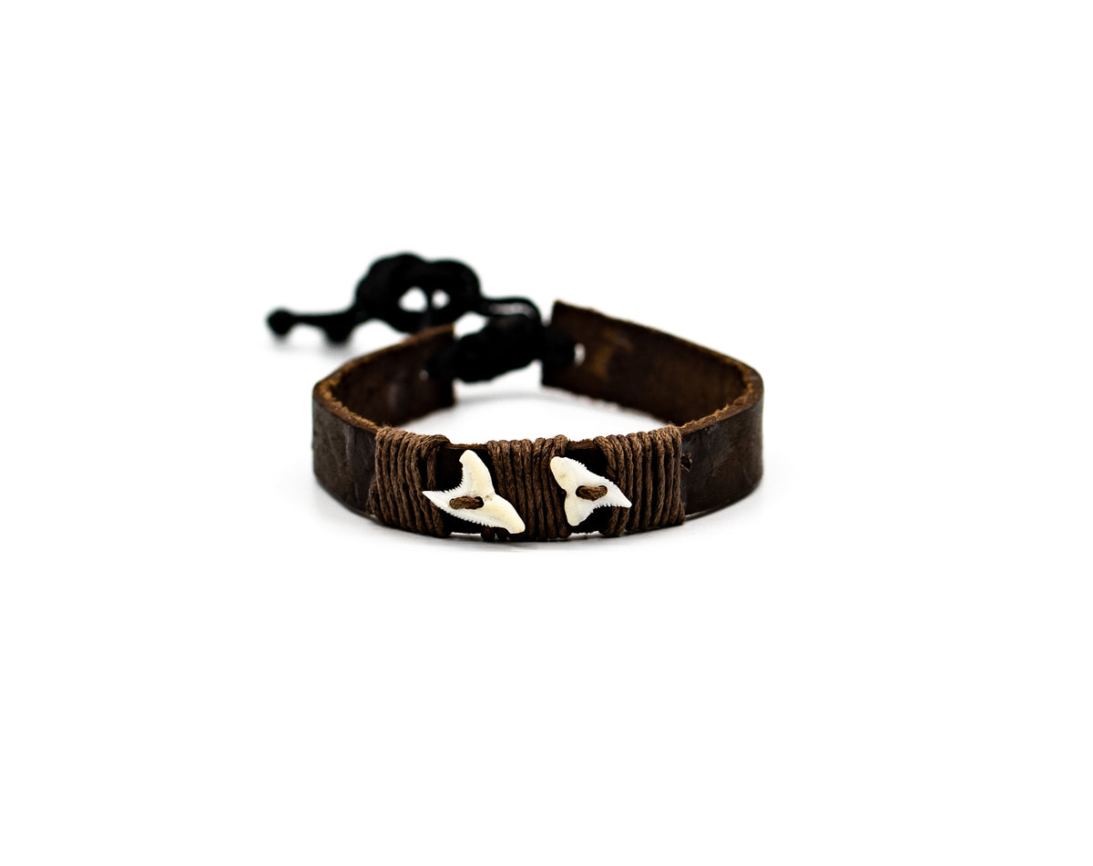 PSB174 - Thick Multicolour Leather Shark Tooth Bracelet - Dark Brown