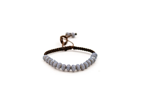 PSB589 - Large Light Grey Crystal Bead Bracelet on Brown String