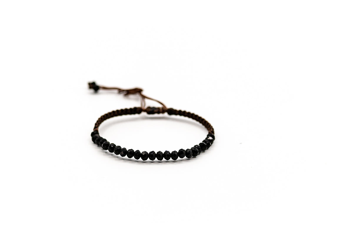 PSB697 - Black Crystal Bracelet on Brown String
