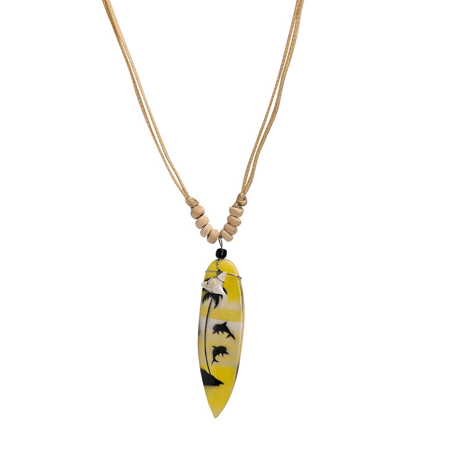 PSN266 - Yellow Surfboard and Shark Tooth Necklace with Wood Beads on Sand String