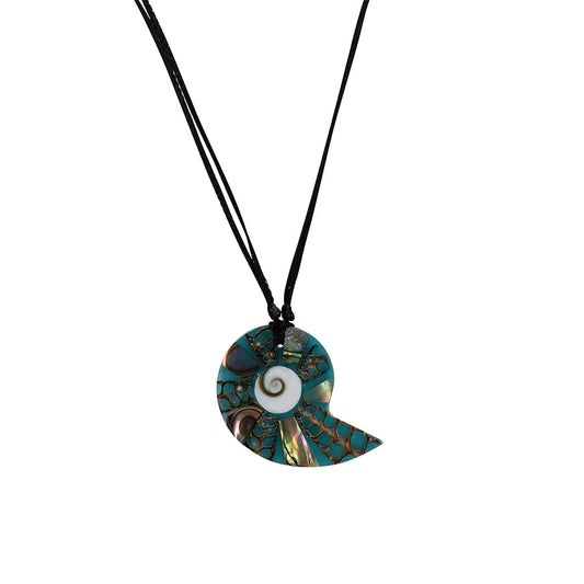 PSN316 - Blue St Lucia Shell Paua and Mother of Pearl Necklace on Black String