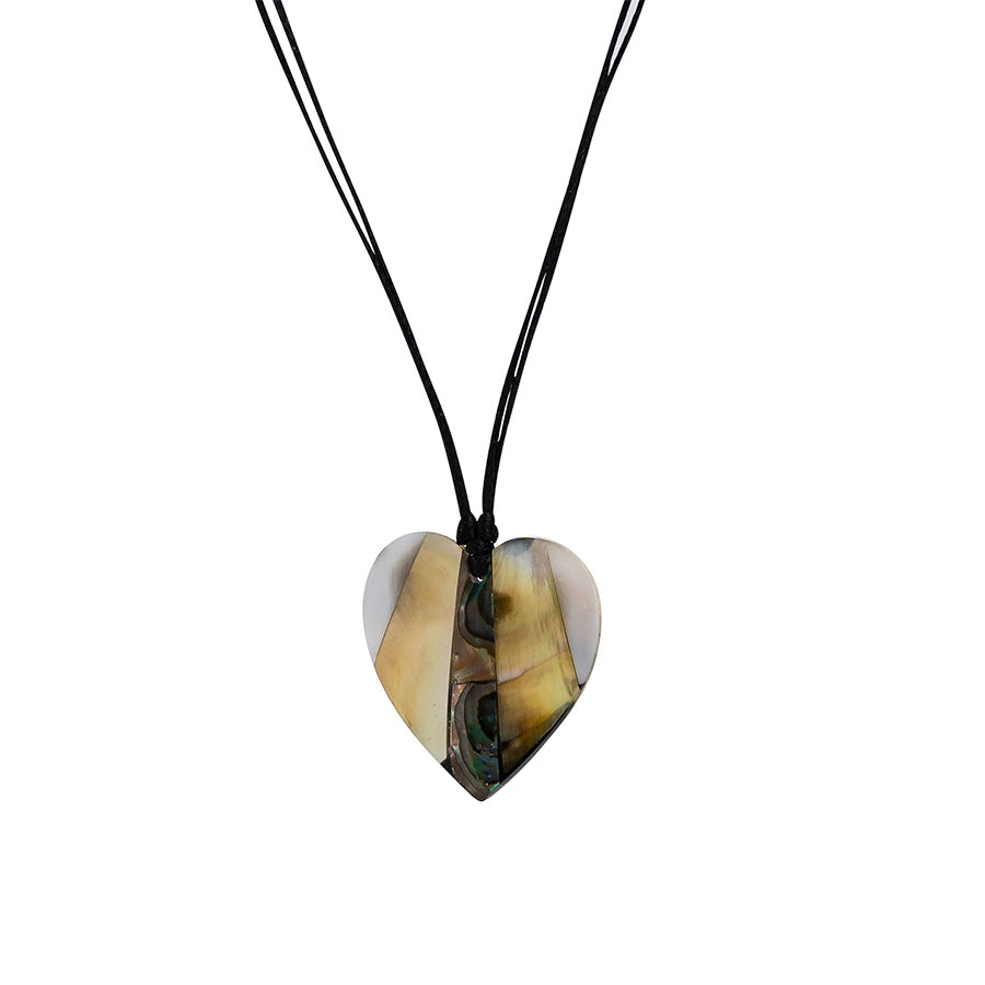 PSN341 - Heart Paua and Mother of Pearl Shell Necklace on Black String