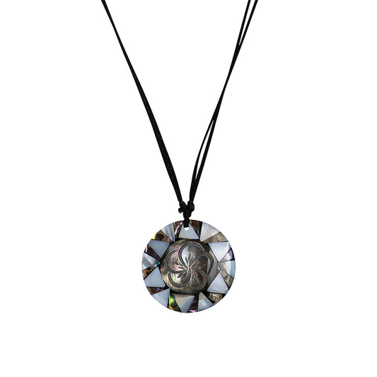 PSN343 - Round Paua and Mother of Pearl Shell Necklace on Black String