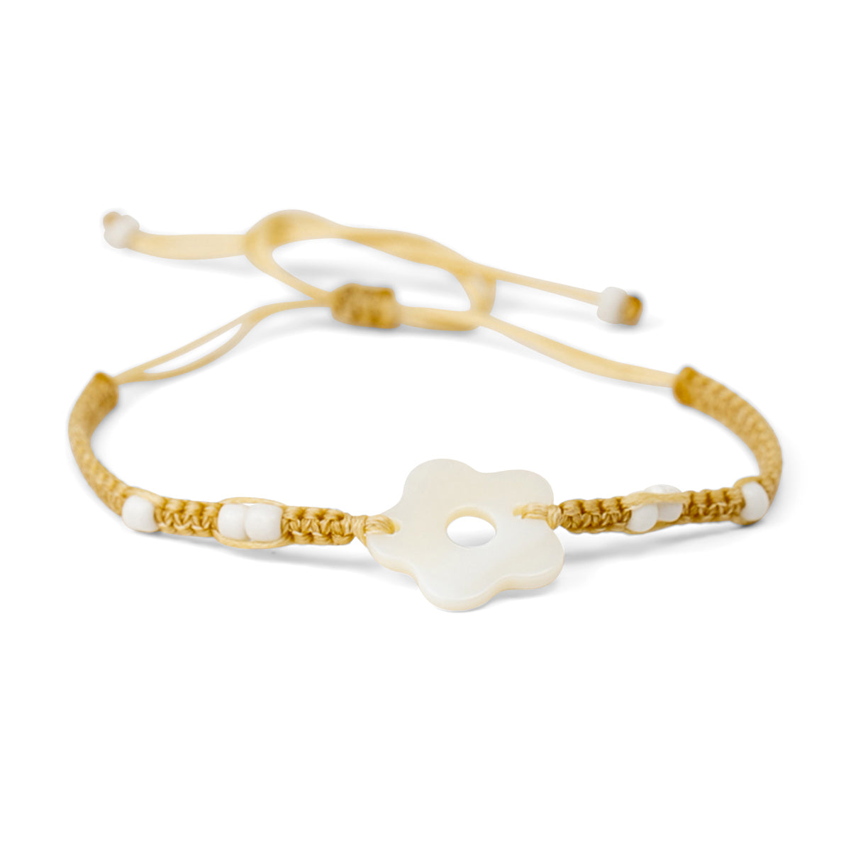 PSB136 - Mother of Pearl Flower Bracelet with Small White Beads on Sand String