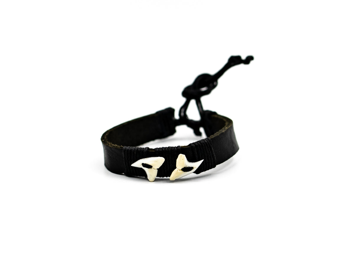 PSB176 - Thick Multicolour Leather Shark Tooth Bracelet - Black
