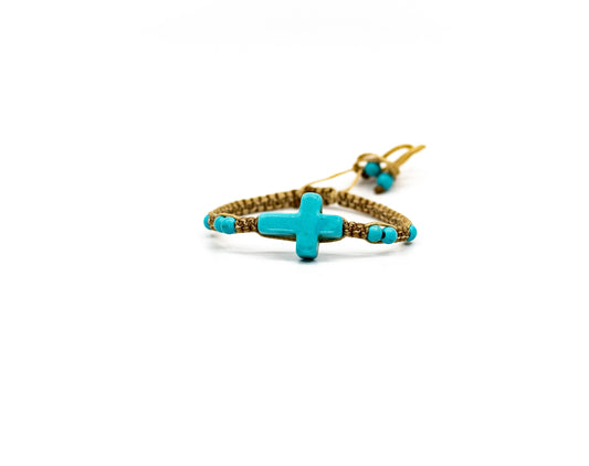 PSB336 - Medium Stone Cross Bracelet with Mini White Beads on Sand String