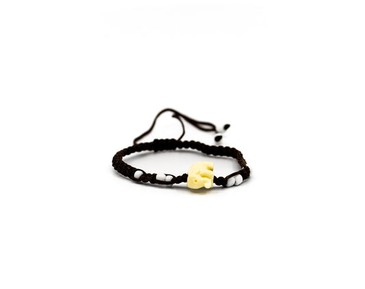 PSB495 - Small Ivory Elephant Bracelet with Small White Beads on Black String