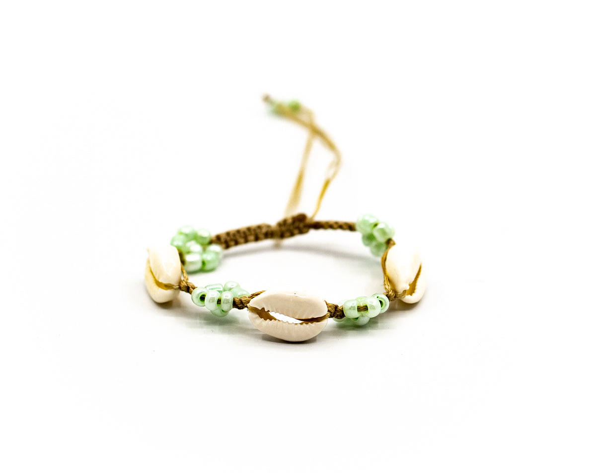 PSB514 - Cowrie Shell and Green Mother of Pearl Flower Bracelet on Sand String