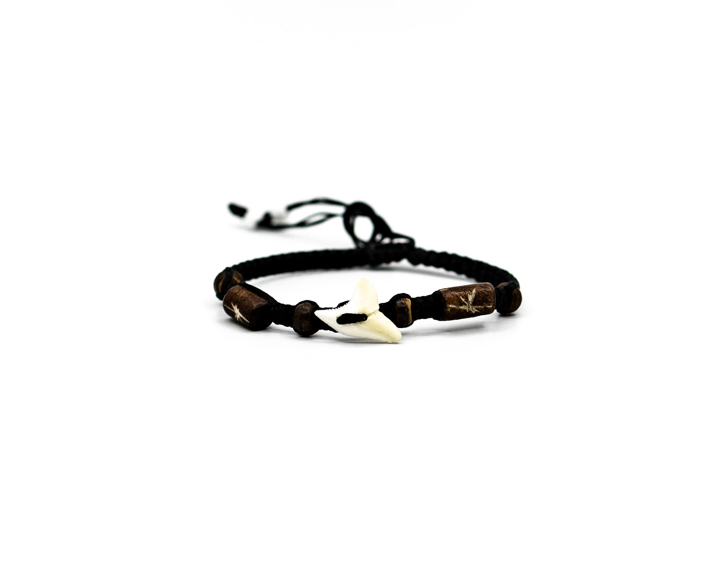 PSB535 - Shark Tooth Bracelet with Bone and Wood Beads on Black String