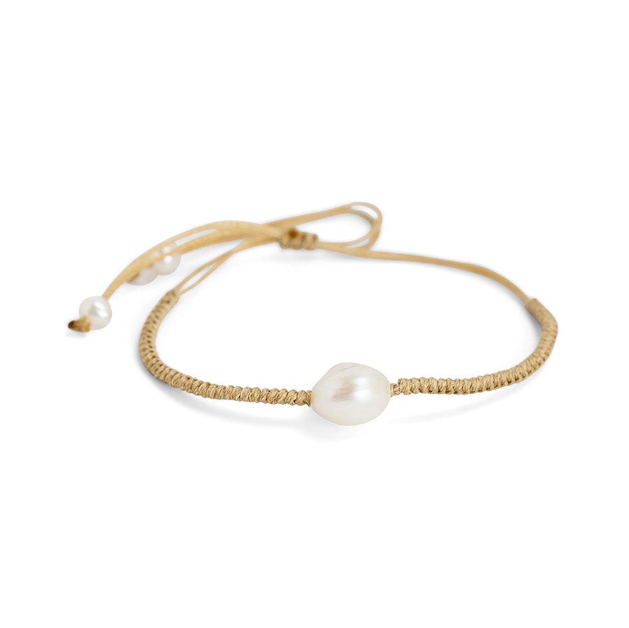 PSB717 - Large White Pearl Bracelet with Round Knot on Sand String