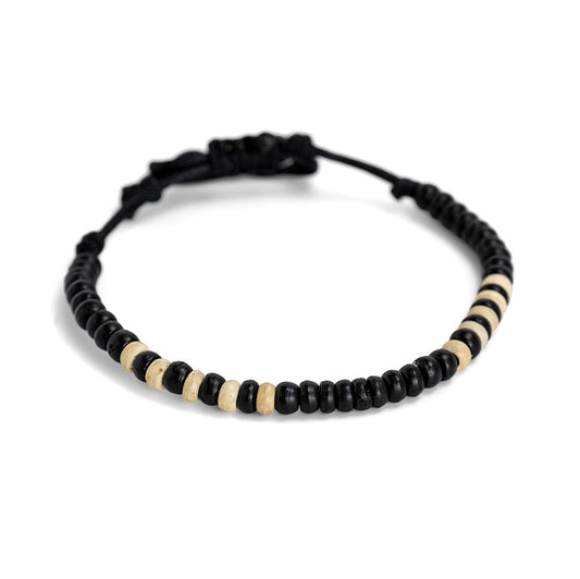 PSB783 - Black and Cream Coco Bead Bracelet on Black String