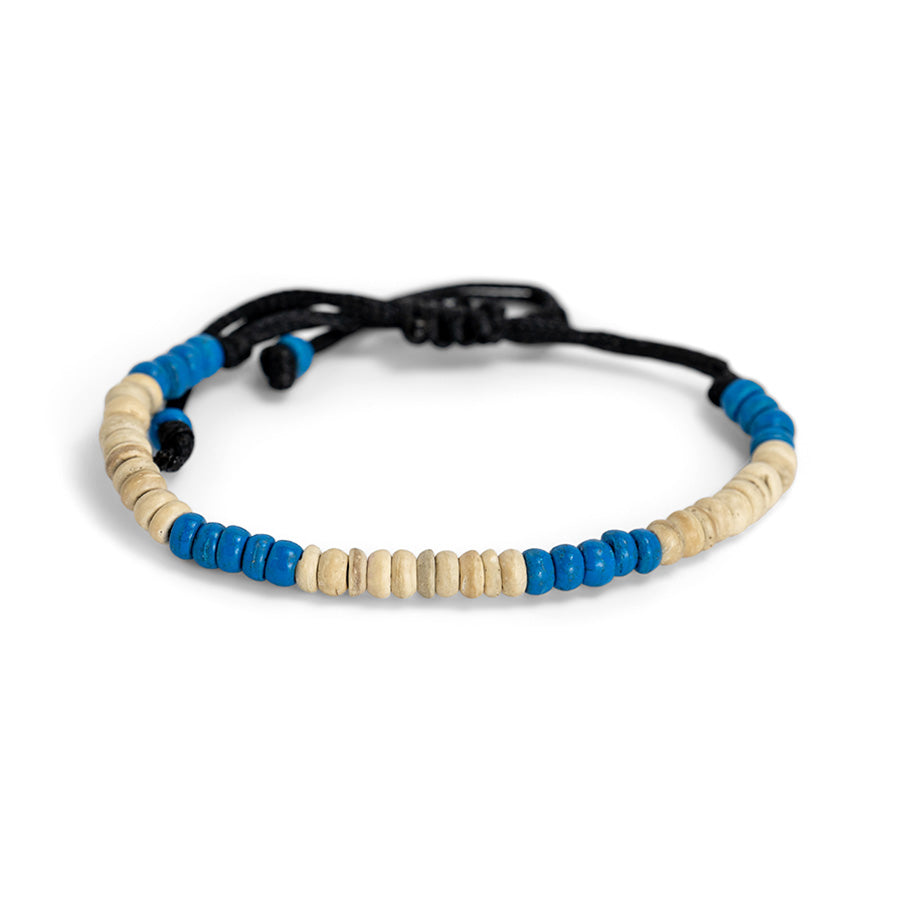 PSB808 - Blue and Cream Coco Bead Bracelet on Black String