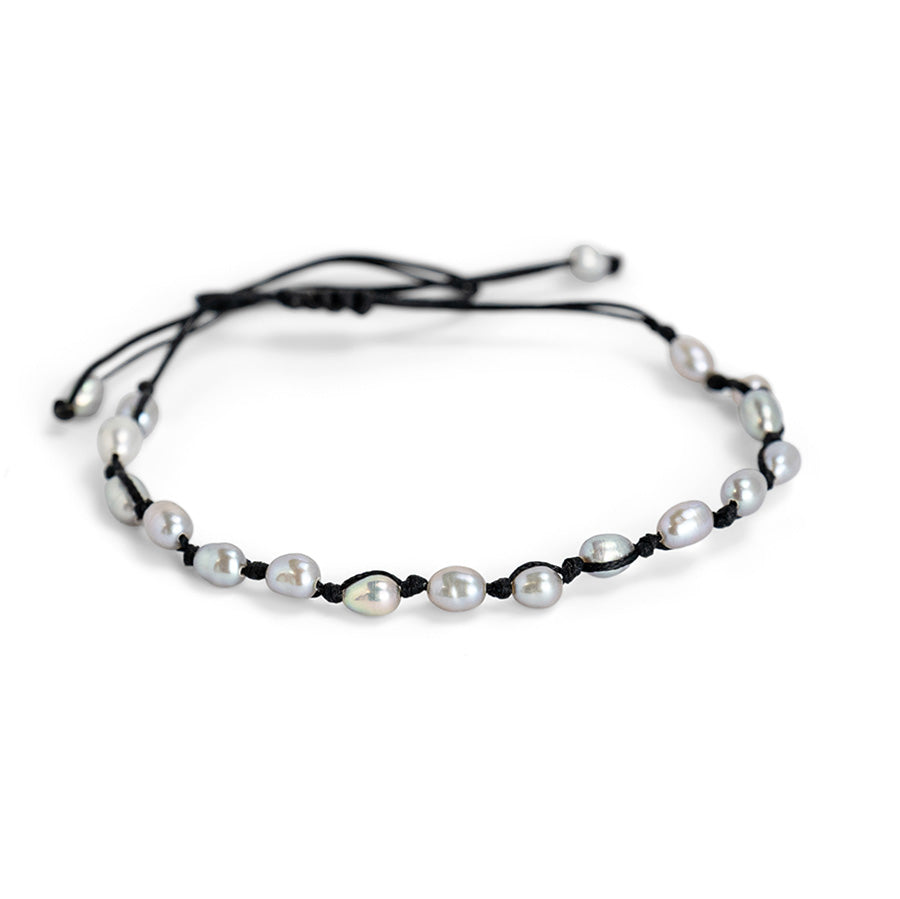PALM STRINGS - 3-4MM SILVER RICE PEARLS ON BLACK STRING