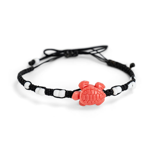 PSB850 - Large Pink Resin Turtle Bracelet with White Seed Beads on Black String