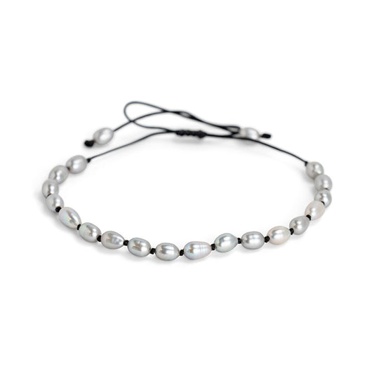 PSB952 - Large Silver Rice Pearl Bracelet on Black Knotted String