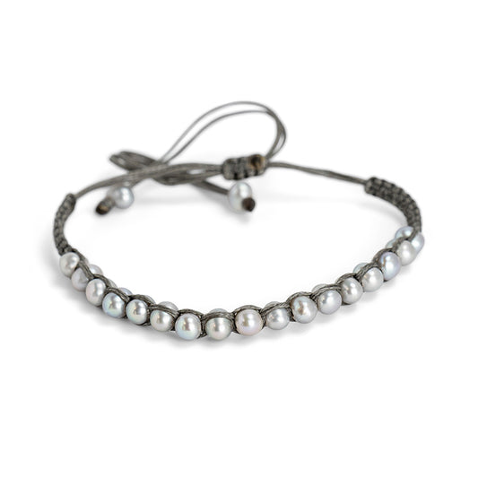 PSB964 - Full Small Silver Pearl Bracelet on Grey String