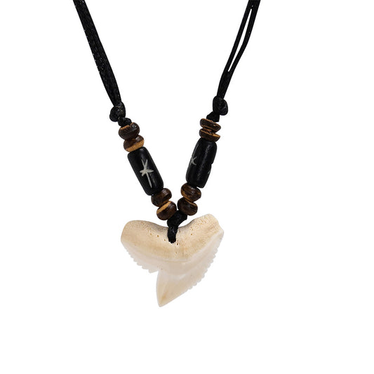 PSN163 - Medium Shark Tooth Necklace with Bone Beads on Black String